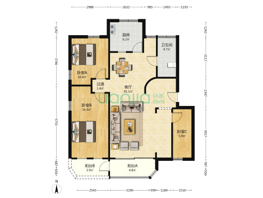 横江三路2号 3室1厅1卫 108平方