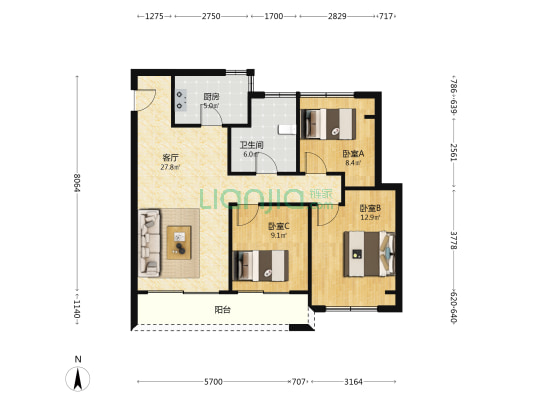 绿城明月江南 3室1厅1卫 95平方