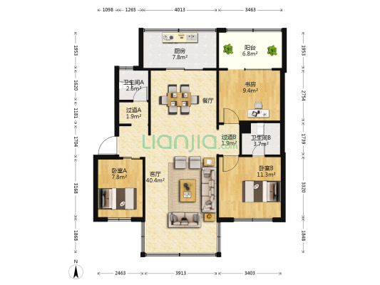 金牛小区 3室1厅2卫 94平方