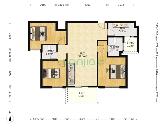 万科城市之光 3室1厅2卫 93平方