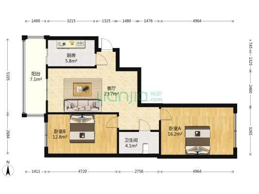 广云花园 2室1厅1卫 90平方