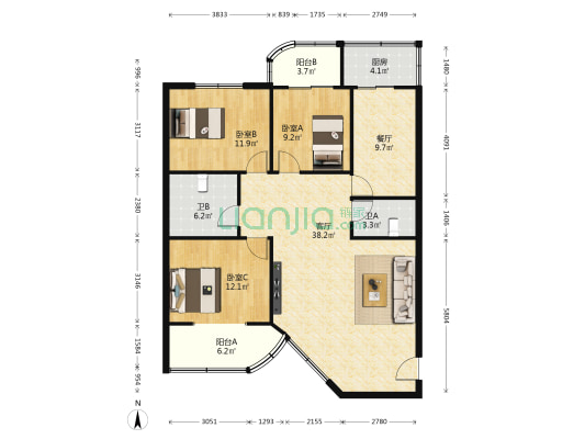 三宏公寓 3室2厅2卫 141平方