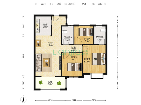 博远嘉苑 3室1厅2卫 100平方