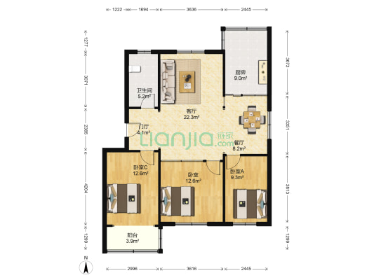 万德花园 3室2厅1卫 107平方