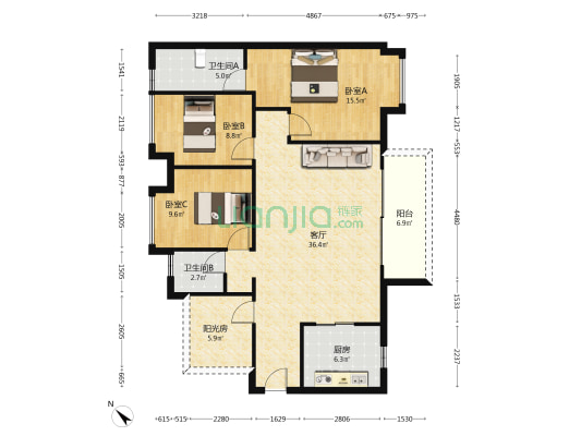 保利雅居乐中央公馆 3室1厅2卫 115平方