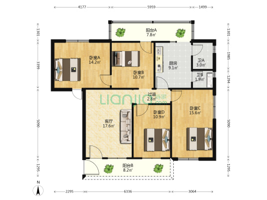 胡园横巷 4室1厅2卫 106平方