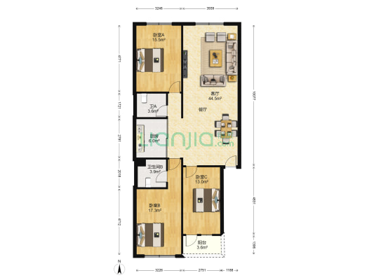新闻综合楼宿舍 3室1厅2卫 128平方