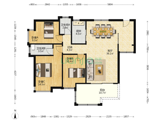 康诗丹郡花园 3室1厅2卫 112平方