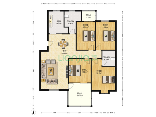 泰富苑 4室1厅2卫 152平方