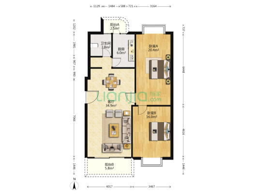 花园村雅苑 2室1厅1卫 117平方