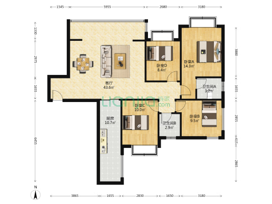 华芝御景城三期 4室1厅2卫 127平方