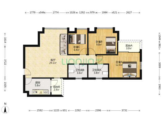 东港城(塘厦) 3室1厅2卫 97平方