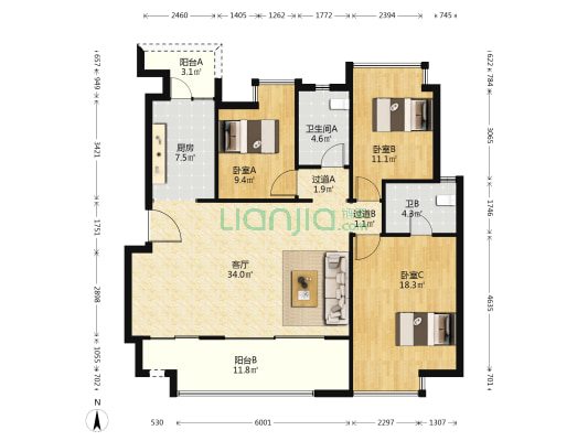 渝高星洲一期 3室1厅2卫 135平方