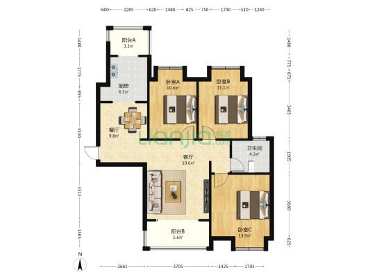 大地丽都4期 3室2厅1卫 113平方