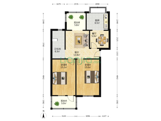 湖北省科学技术协会宿舍 2室2厅1卫 89平方