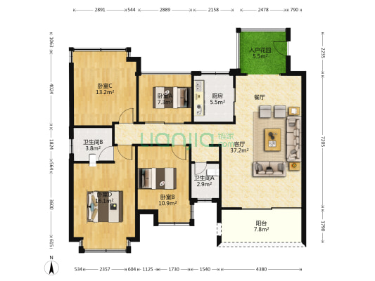 富盈四季华庭 4室1厅2卫 135平方