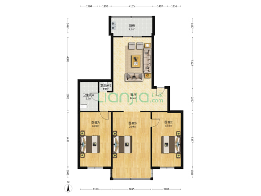 庐山南小区 3室1厅2卫 130平方