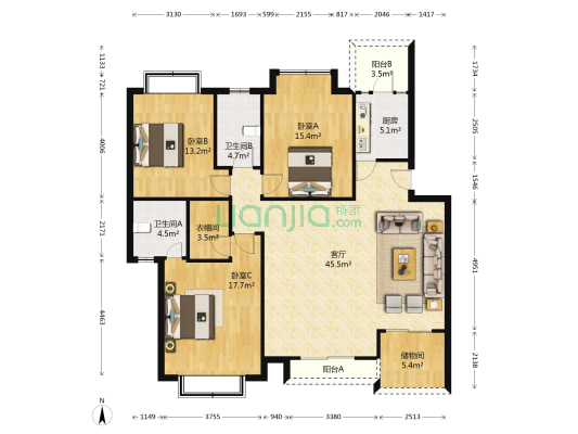 美好家园 3室1厅2卫 133平方