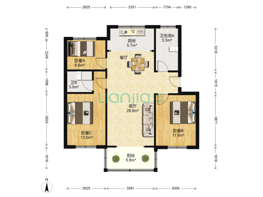 阳光小区西区 3室1厅2卫 100平方