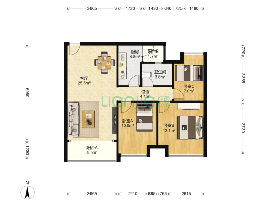 叠彩园 3室1厅1卫 89平方