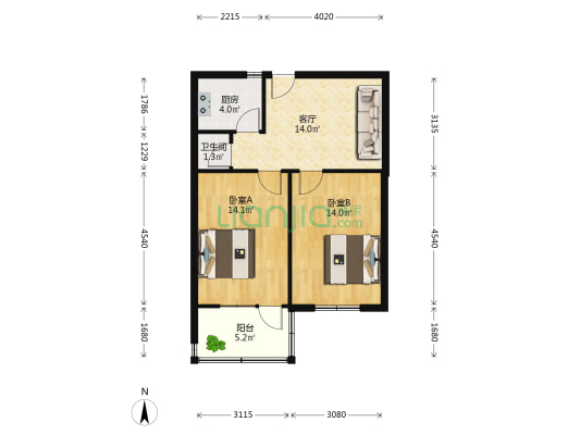 山大南路69-2号 2室1厅1卫 63平方
