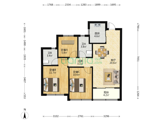 云栖宸园 3室1厅2卫 88平方