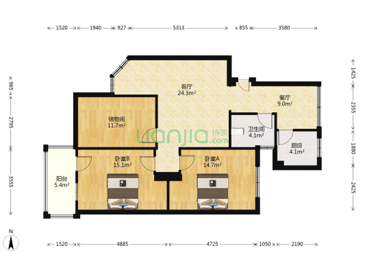 恒兴苑 2室2厅1卫 97平方