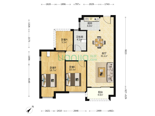 富雅家园 3室1厅1卫 92平方