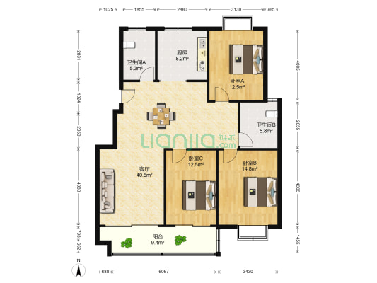天虹苑 3室1厅2卫 132平方