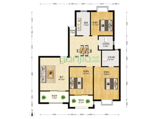 阳光小区 3室1厅2卫 151平方