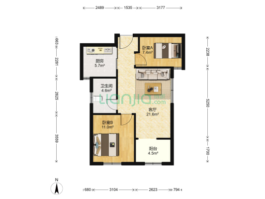 竹山华庭 2室1厅1卫 69平方