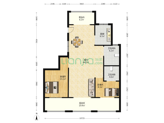 泽园未来城 2室1厅2卫 135平方