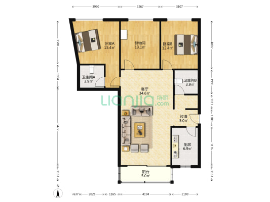 天宝大厦 2室1厅2卫 120平方