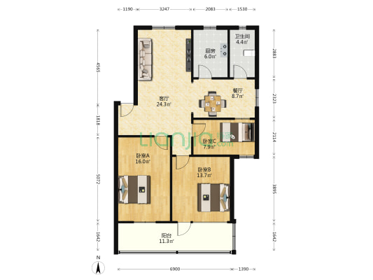 大西门4号 3室2厅1卫 102平方