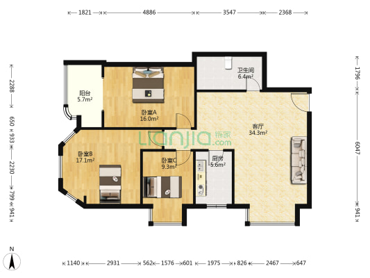 海唐100 3室1厅1卫 124平方