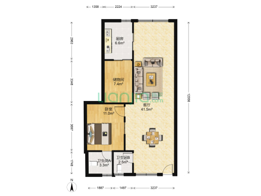 康强家园 1室1厅2卫 92平方