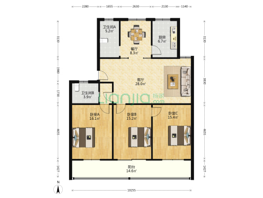 通州花苑 3室2厅2卫 135平方