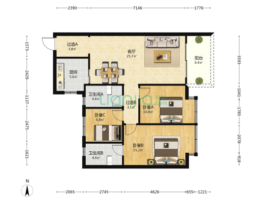 美的云璟 3室1厅2卫 105平方