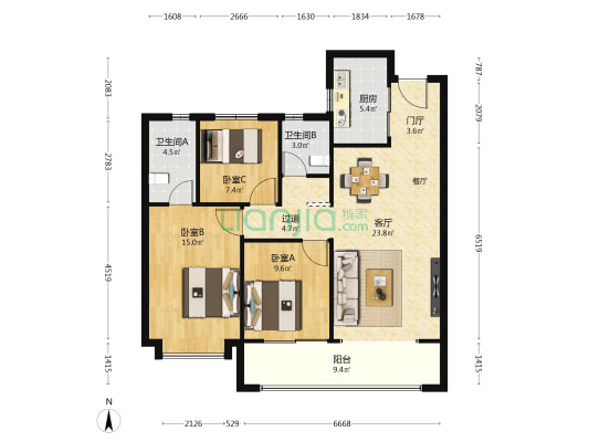 电建泷悦长安 3室1厅2卫 109平方