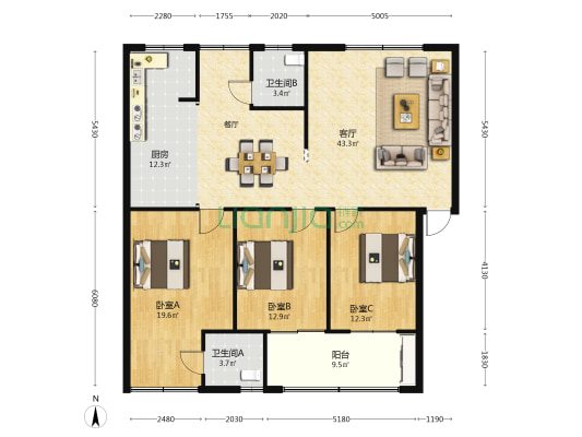 襄城区供电公司家属院 3室1厅2卫 148平方