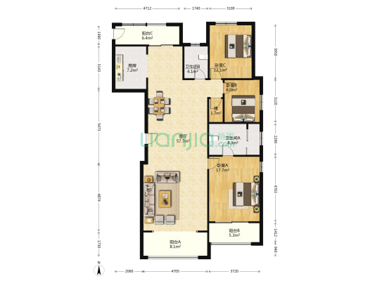 林荫大院 3室1厅2卫 178平方
