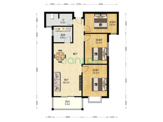 兰湾国际A区 3室1厅1卫 101平方