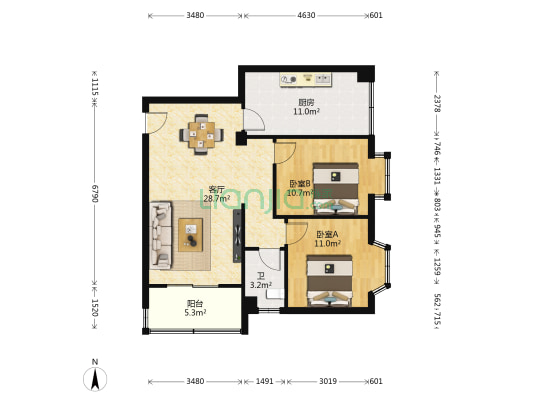 紫东阁 2室1厅1卫 94平方