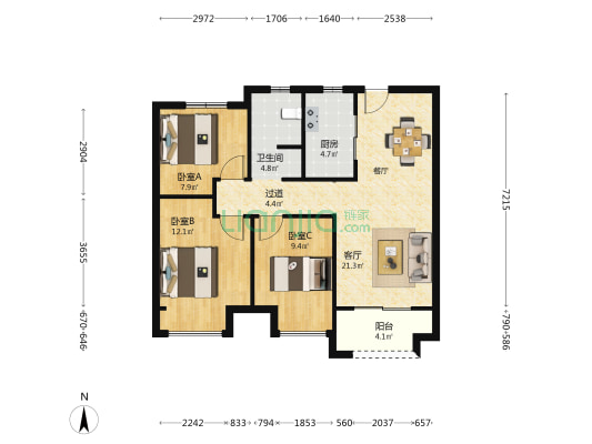 万科·都会天际 3室1厅1卫 95平方