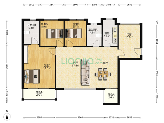 美麓阳光 3室1厅2卫 130平方