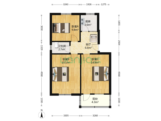 江沿村 3室1厅1卫 68平方