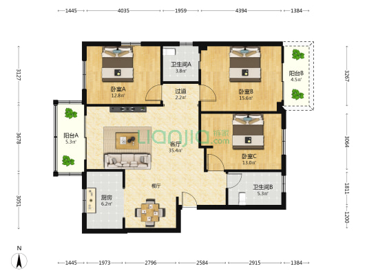 东渡华城 3室1厅2卫 121平方