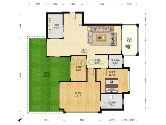 锦绣山河一期 3室1厅2卫 125平方
