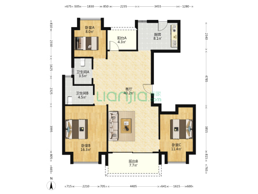 碧桂园天玺 3室1厅2卫 139平方