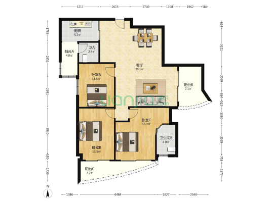 嘉德大厦 3室1厅2卫 133平方